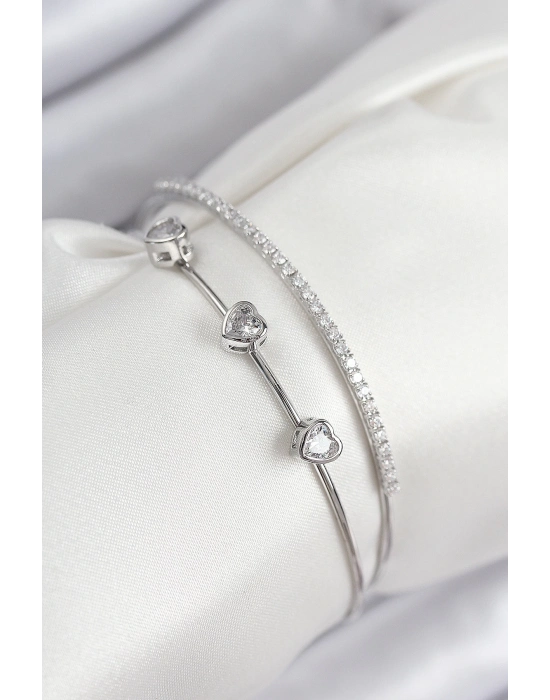 ® Pirinç Zirkon Taşlı Kalp Model Gümüş Renk Kadın Bileklik