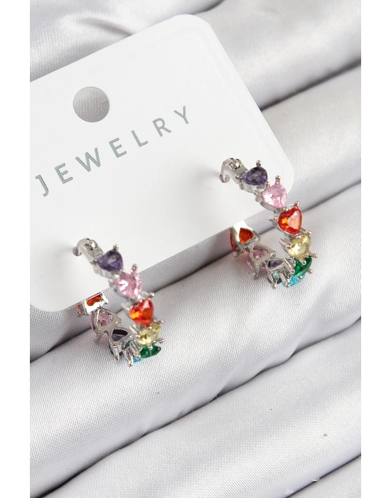 ® Pirinç Zirkon Taşlı Kalp Model Gümüş Renk Kadın Küpe