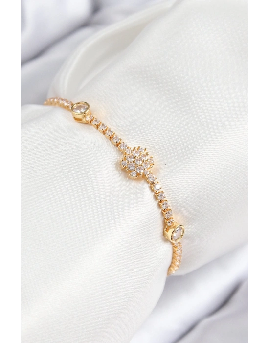 ® Pirinç Zirkon Taşlı Kar Tanesi Model Gold Renk Asansörlü Kadın Bileklik