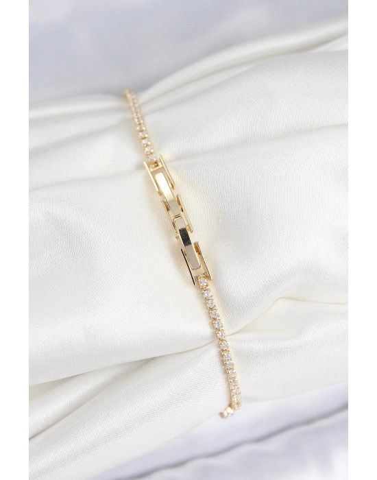 ® Pirinç Zirkon Taşlı Kare Model Gold Renk Kadın Bilekilk