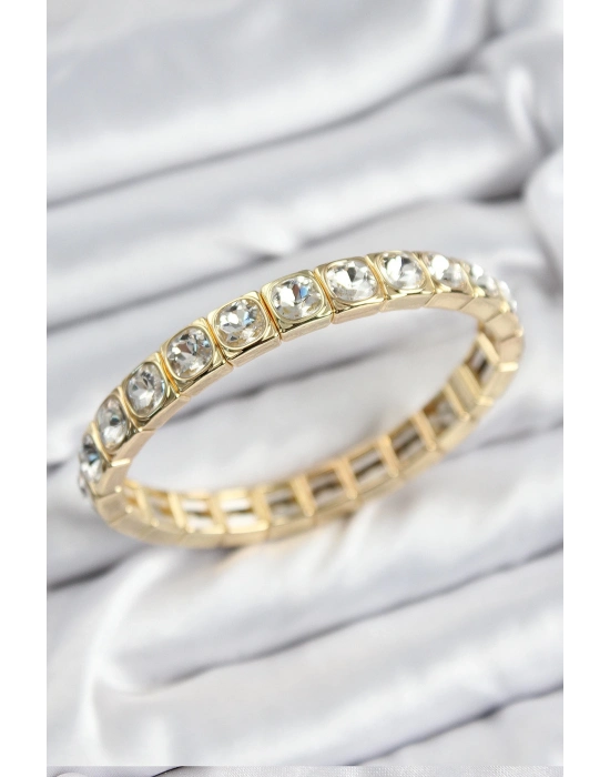 ® Pirinç Zirkon Taşlı Kare Model Gold Renk Lastikli Kadın Bileklik