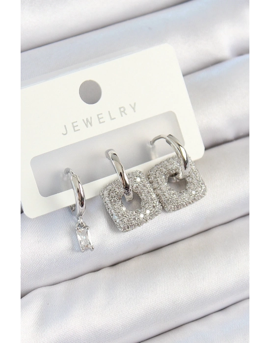 ® Pirinç Zirkon Taşlı Kare Model Gümüş Renk 3lü Çift Kadın Küpe Set