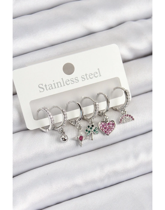 ® Pirinç Zirkon Taşlı Karpuz Yonca Kalp Pusula Karışık Model Gümüş Renk 6lı Set Kadın Küpe