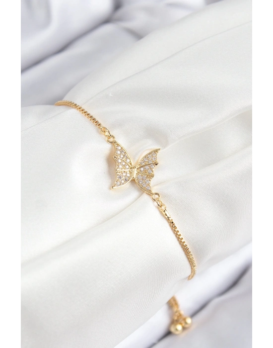 ® Pirinç Zirkon Taşlı Kelebek Model Gold Renk Asansörlü Kadın Bileklik