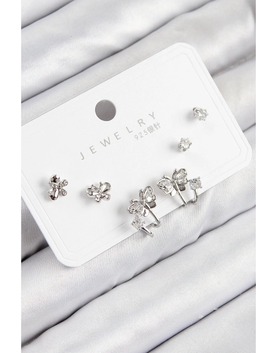 ® Pirinç Zirkon Taşlı Kelebek Model Gümüş Renk 925 Ayar Gümüş Çivi Kadın Küpe Set