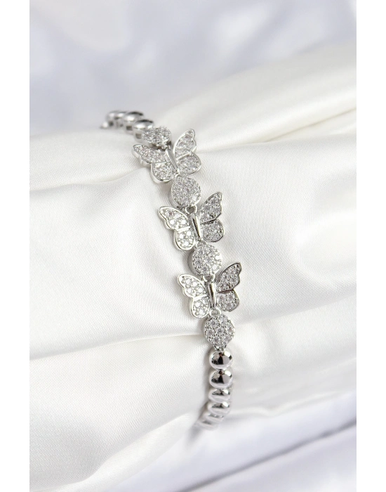 ® Pirinç Zirkon Taşlı Kelebek Model Gümüş Renk Kadın Bileklik