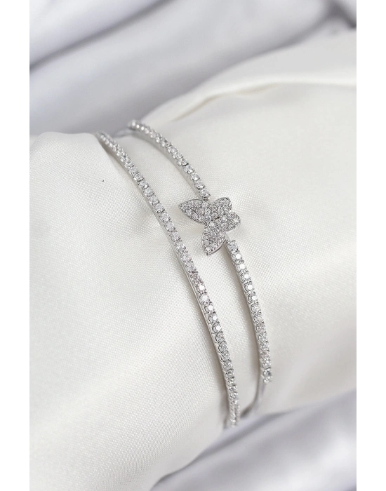 ® Pirinç Zirkon Taşlı Kelebek Model Gümüş Renk Kadın Bileklik