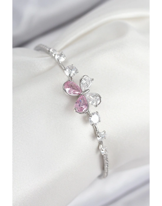 ® Pirinç Zirkon Taşlı Kelebek Model Gümüş Renk Kadın Bileklik