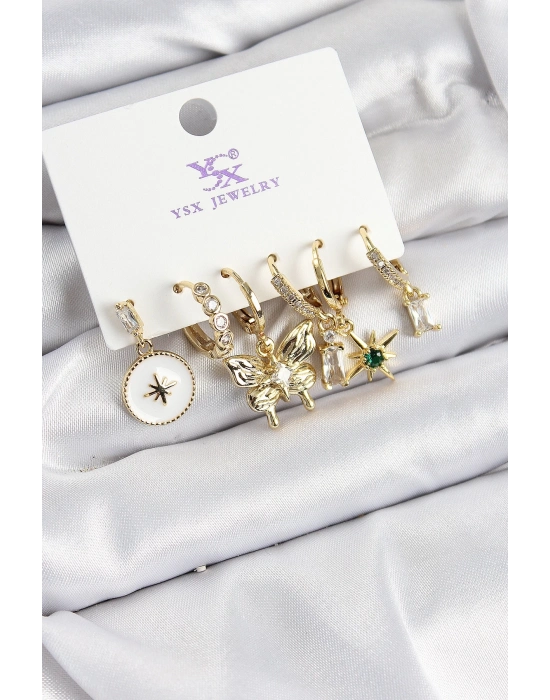 ® Pirinç Zİrkon Taşlı Kelebek ve Yıldız Model Gold Renk 3lü Çift Kadın Küpe