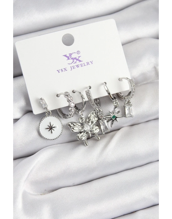® Pirinç Zİrkon Taşlı Kelebek ve Yıldız Model Gümüş Renk 3lü Çift Kadın Küpe