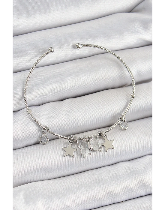 ® Pirinç Zirkon Taşlı Kelebek Ve Yıldız Model Gümüş Renk Charm Bileklik