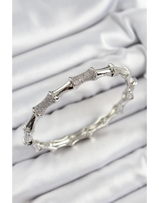 ® Pirinç Zirkon Taşlı Kemik Model Gümüş Renk Vip Kadın Bileklik