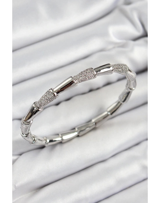 ® Pirinç Zirkon Taşlı Kemik Model Gümüş Renk Vip Kadın Bileklik