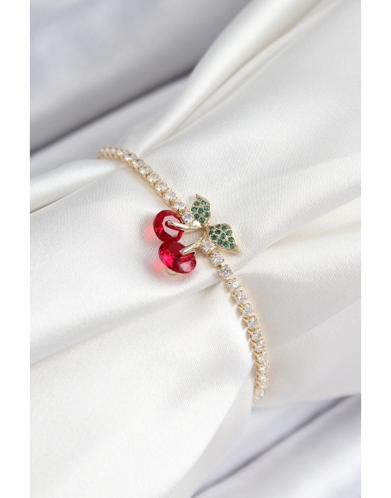 ® Pirinç Zirkon Taşlı Kiraz Model Gold Renk Asansörlü Kadın Bileklik