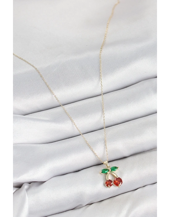 ® Pirinç Zirkon Taşlı Kiraz Model Gold Renk Kadın Kolye
