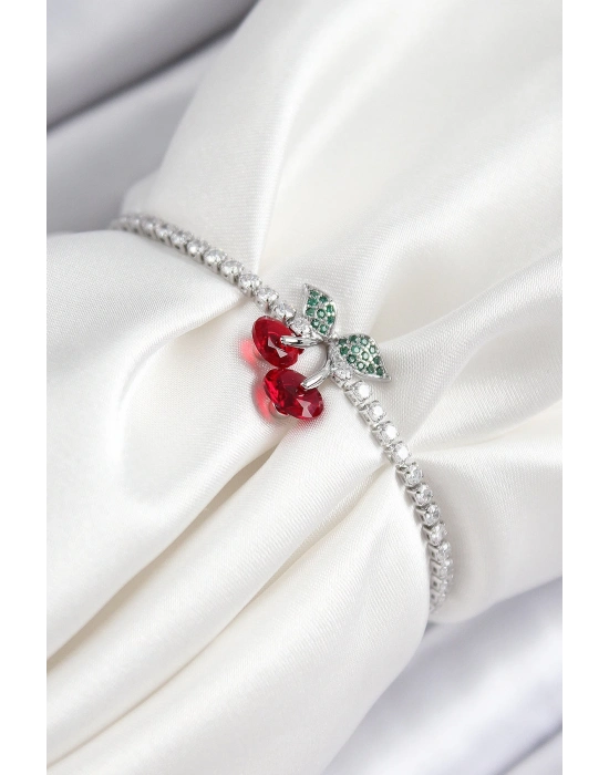 ® Pirinç Zirkon Taşlı Kiraz Model Gümüş Renk Asansörlü Kadın Bileklik