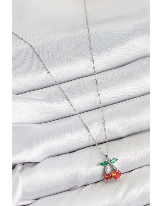 ® Pirinç Zirkon Taşlı Kiraz Model Gümüş Renk Kadın Kolye