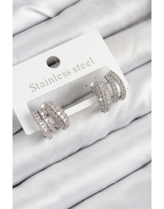 ® Pirinç Zirkon Taşlı Kıvrımlı Model Gümüş Renk Kadın Küpe