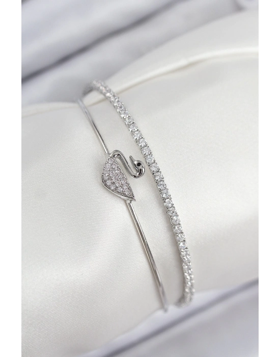 ® Pirinç Zirkon Taşlı Kuğu Model Gümüş Renk Kadın Bileklik