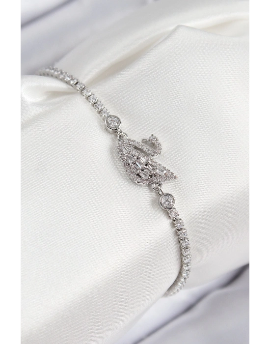 ® Pirinç Zirkon Taşlı Kuğu Model Gümüş Renk Kadın Bileklik