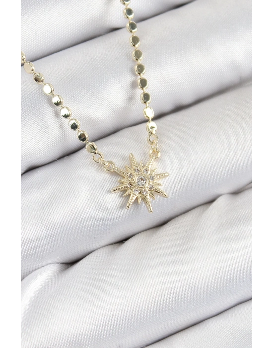 ® Pirinç Zirkon Taşlı Kutup Yıldızı Model Ezme Zincir Gold Renk Kadın Kolye