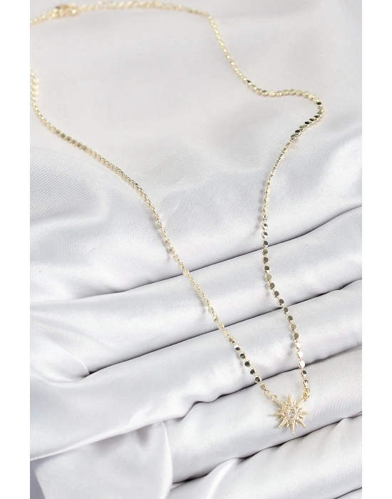 ® Pirinç Zirkon Taşlı Kutup Yıldızı Model Ezme Zincir Gold Renk Kadın Kolye