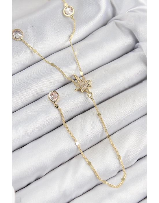 ® Pirinç Zirkon Taşlı Kutup Yıldızı Model Gold Renk Y Kolye