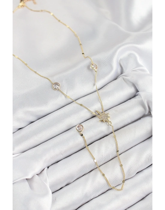 ® Pirinç Zirkon Taşlı Kutup Yıldızı Model Gold Renk Y Kolye