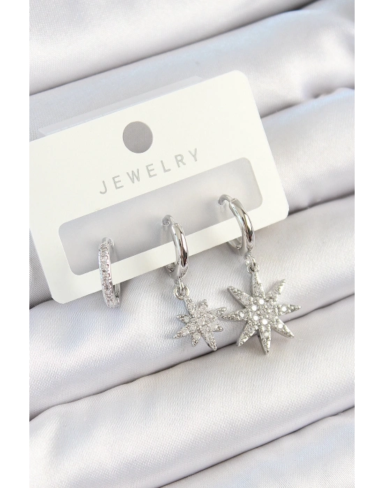 ® Pirinç Zirkon Taşlı Kutup Yıldızı Model Gümüş Renk 3lü Çift Kadın Küpe Set