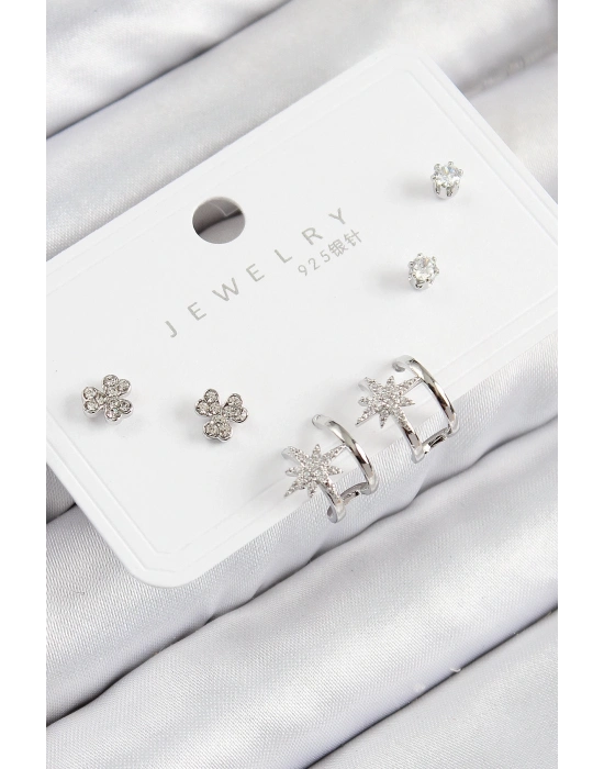 ® Pirinç Zirkon Taşlı Kutup Yıldızı Model Gümüş Renk 925 Ayar Gümüş Çivi Kadın Küpe Set