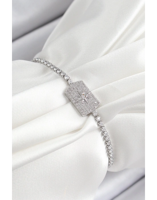 ® Pirinç Zirkon Taşlı Kutup Yıldızı Model Gümüş Renk Asansörlü Kadın Bileklik