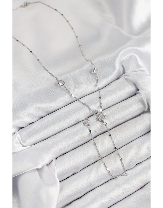 ® Pirinç Zirkon Taşlı Kutup Yıldızı Model Gümüş Renk Y Kolye