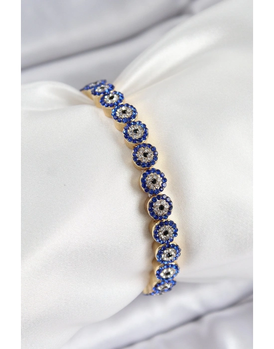 ® Pirinç Zirkon Taşlı Lacivert Nazar Model Gold Renk Lastikli Kadın Bileklik