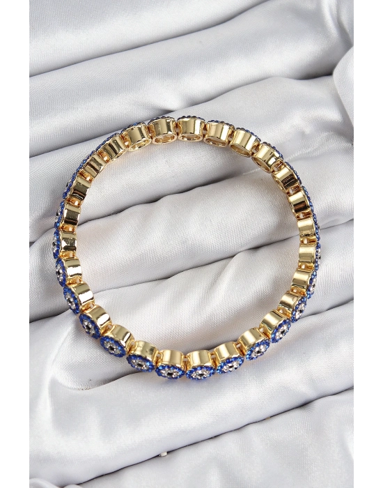 ® Pirinç Zirkon Taşlı Lacivert Nazar Model Gold Renk Lastikli Kadın Bileklik