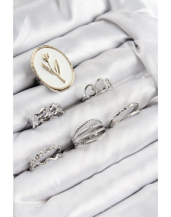 ® Pirinç Zirkon Taşlı Lale Model Gümüş Renk Kadın Yüzük Kombin Set