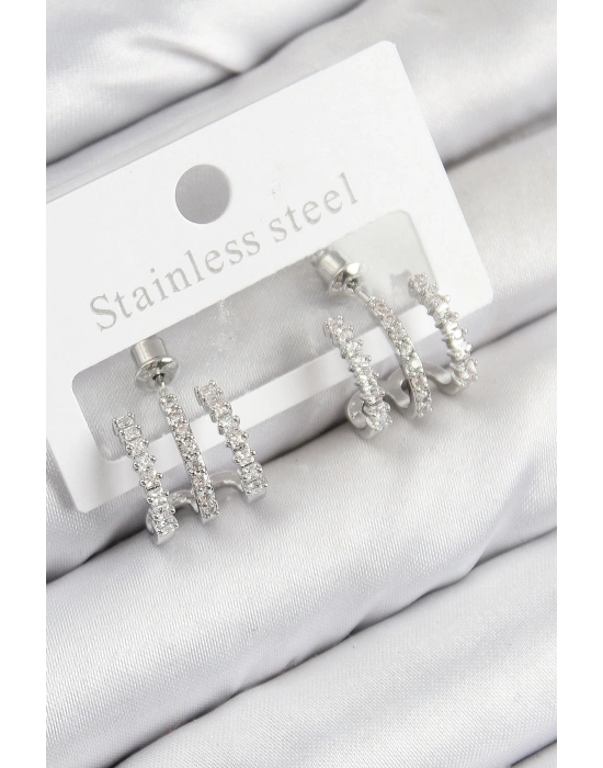 ® Pirinç Zirkon Taşlı Model Gümüş Renk Kadın Küpe