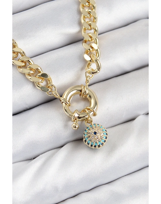 ® Pirinç Zirkon Taşlı Nazar Boncuk Detaylı Klasik Zincir Model Gold Renk Kadın Kolye