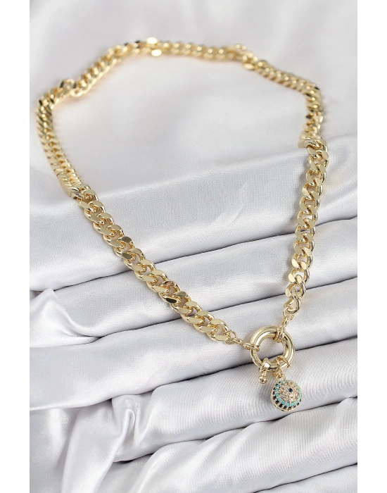 ® Pirinç Zirkon Taşlı Nazar Boncuk Detaylı Klasik Zincir Model Gold Renk Kadın Kolye