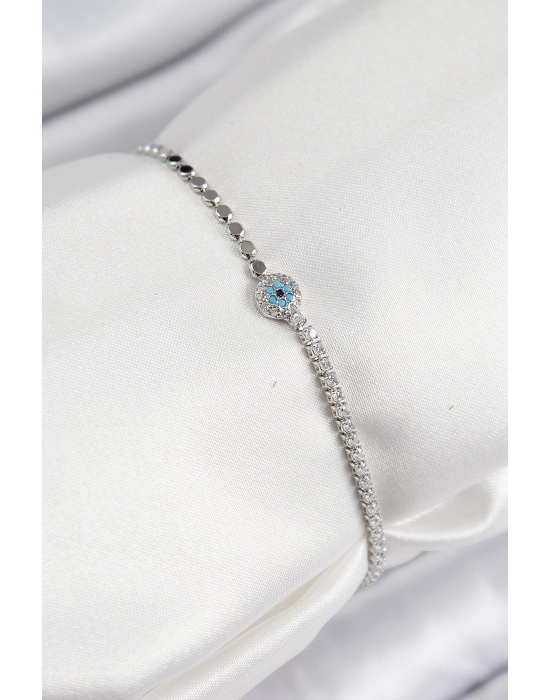 ® Pirinç Zirkon Taşlı Nazar Model Ezme Zincir Gümüş Renk Kadın Bileklik