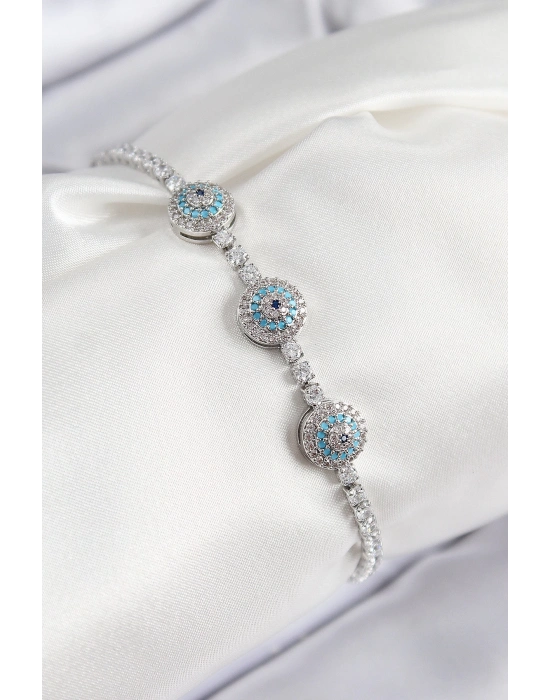 ® Pirinç Zirkon Taşlı Nazar Model Gümüş Renk Kadın Bileklik