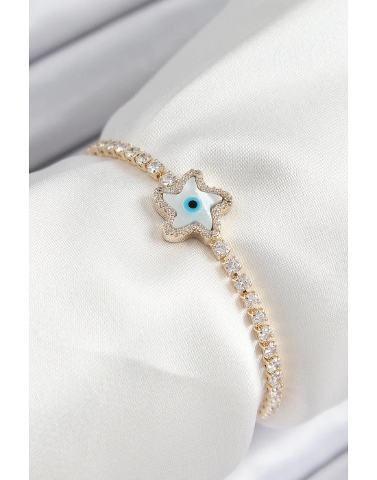 ® Pirinç Zirkon Taşlı Nazar Yıldız Model Gold Renk Asansörlü Kadın Bileklik
