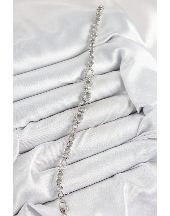 ® Pirinç Zirkon Taşlı Oval Model Gümüş Renk Kadın Bileklik