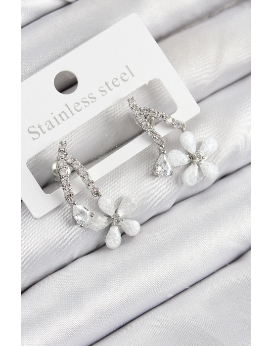 ® Pirinç Zirkon Taşlı Papatya Model Gümüş Renk Kadın Küpe