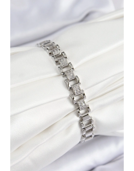 ® Pirinç Zirkon Taşlı Parçalı Model Gümüş Renk Kadın Bileklik