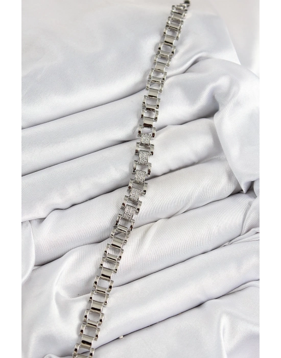 ® Pirinç Zirkon Taşlı Parçalı Model Gümüş Renk Kadın Bileklik