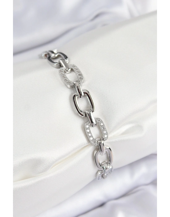 ® Pirinç Zirkon Taşlı Parçalı Zincir Model Gümüş Renk Kadın Bileklik