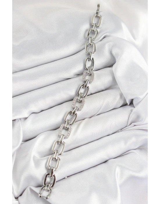 ® Pirinç Zirkon Taşlı Parçalı Zincir Model Gümüş Renk Kadın Bileklik