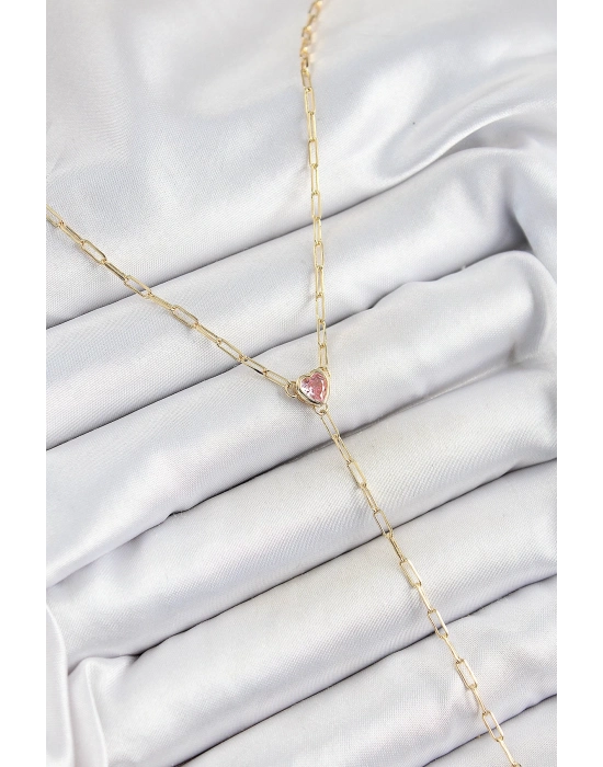 ® Pirinç Zirkon Taşlı Pembe Kalp Figürlü Y Model Gold Renk Kadın Kolye