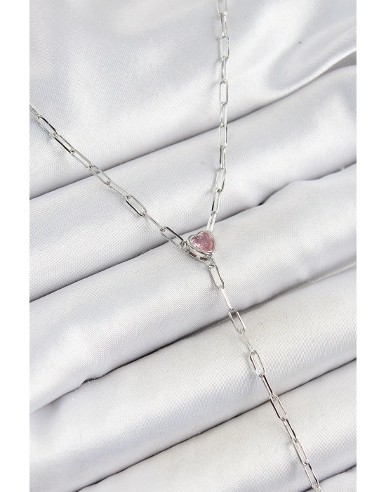 ® Pirinç Zirkon Taşlı Pembe Kalp Figürlü Y Model Gümüş Renk Kadın Kolye