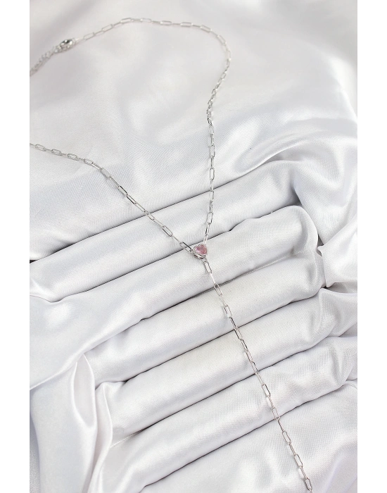 ® Pirinç Zirkon Taşlı Pembe Kalp Figürlü Y Model Gümüş Renk Kadın Kolye